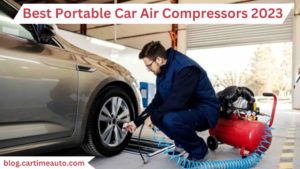 Man using portable air compressor for an inflated tire